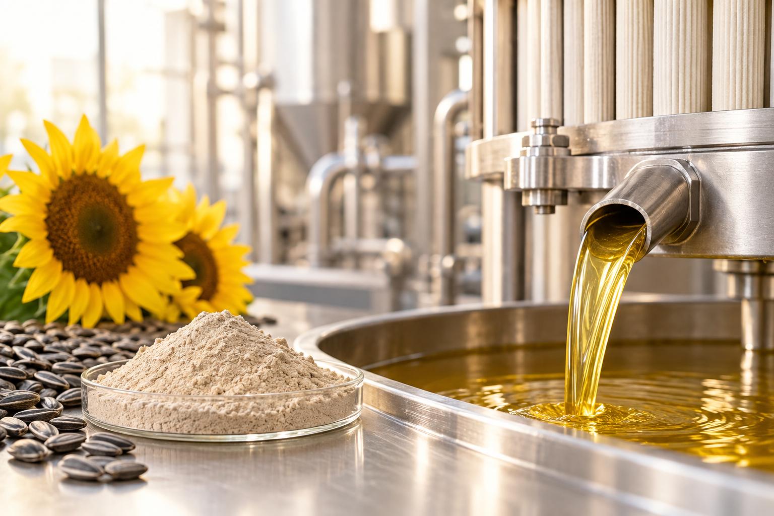 Illustration of golden sunflower oil flowing beside filtration equipment and a sample of pale earth
