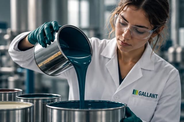 Woman pouring teal coating in a Gallant-branded laboratory coat