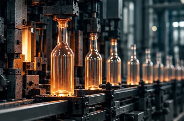 Heat-glowing glass bottles on a manufacturing line